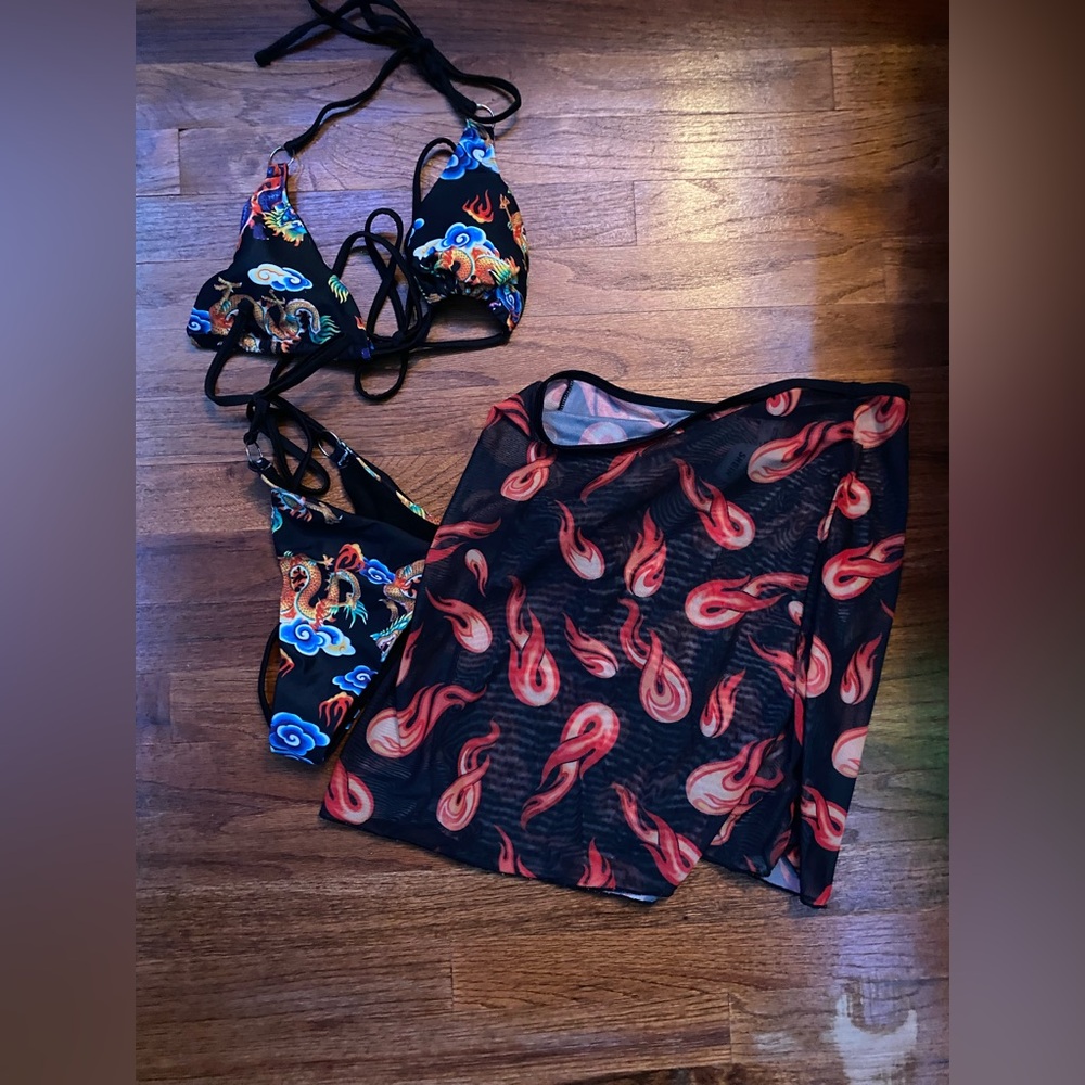 SHEIN Pink and Gray Dragon Print Bikini Set